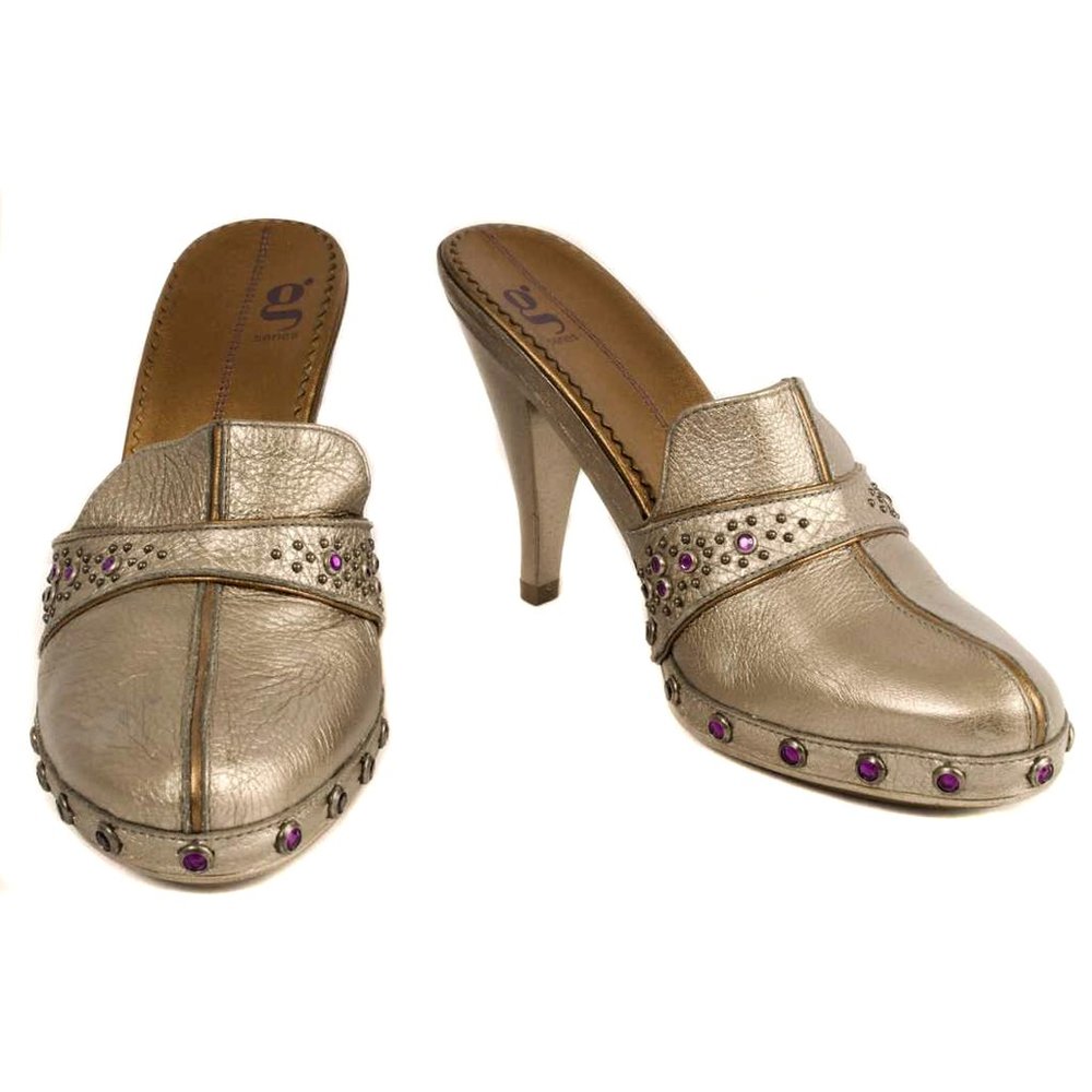 COLE HAAN G Series Metallic Pewter Leather Jeweled Accent Mule Heels - Picture 1 of 8